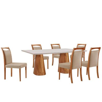 Mesa Noronha 180cm Tampo Com Vidro Laqueado Com 6 Cadeiras Linho Premuim Imbuia Natural Off White