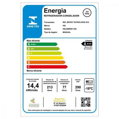 Geladeira HQ 290L Defrost A+++ HQ-290RDF Branco 220V