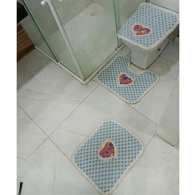 Kit 3 Peças Tapete Banheiro Xadrez Daminha Taolha De Piso Chão 50x40cm Várias Cores Azul Claro Com Estampa