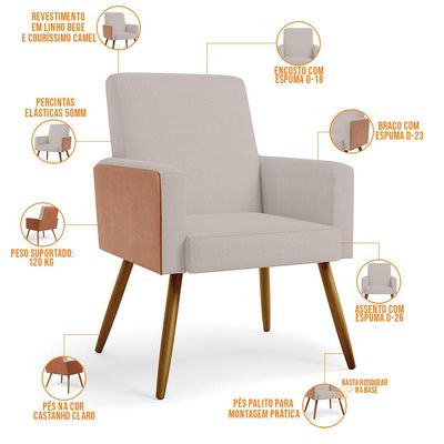 Kit 04 Poltronas Decorativa Maria W01 Pés Palito Linho Bege Couríssimo Camel - Lyam Decor