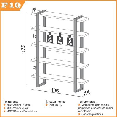 Estante Para Escritório 5 Prateleiras Prime Industrial 175x135cm D03 Freijó Preto Fosco - Lyam Decor