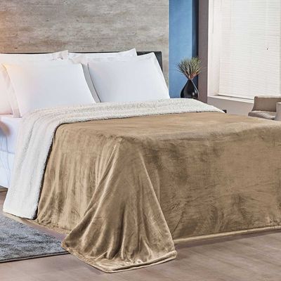 Cobertor Magnific Casal King Sherpa Com Manta Microfibra Toque Lã Carneiro 01 Peça - Cáqui Bege