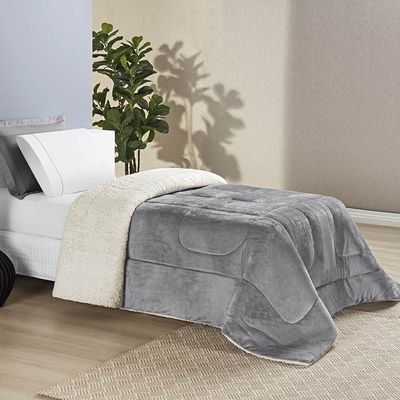 Coberdrom Diamond Solteiro Sherpa Com Manta Flannel 01 Peça - Cinza