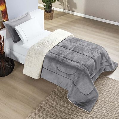 Coberdrom Diamond Solteiro Sherpa Com Manta Flannel 01 Peça - Cinza