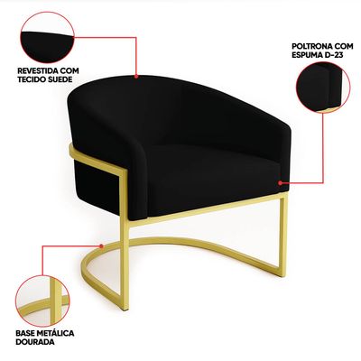 Poltrona Sala Decorativa Industrial Dourada Kit 2 Arielle Suede Preto D03 - D'Rossi