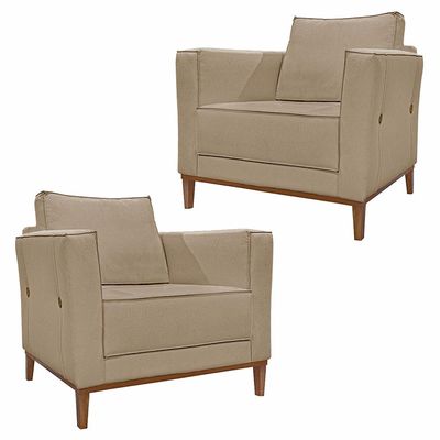 Kit 2 Poltronas Decorativas Pés em Madeira Tarantino Linho Bege - Gran Belo