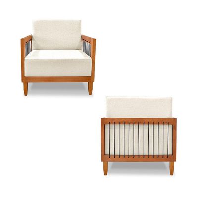 Poltrona Sala de Estar Pés Madeira Maciça Corda Náutica Preta 75cm Manila Linho Off White Rústico G63 - Gran Belo