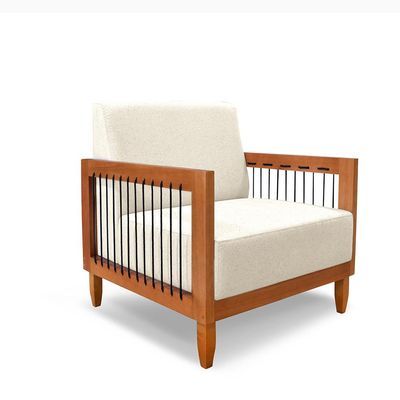 Poltrona Sala de Estar Pés Madeira Maciça Corda Náutica Preta 75cm Manila Linho Off White Rústico G63 - Gran Belo