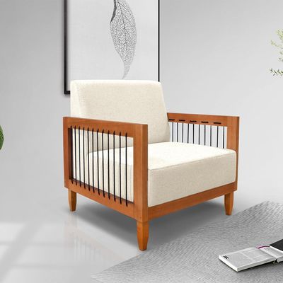 Poltrona Sala de Estar Pés Madeira Maciça Corda Náutica Preta 75cm Manila Linho Off White Rústico G63 - Gran Belo