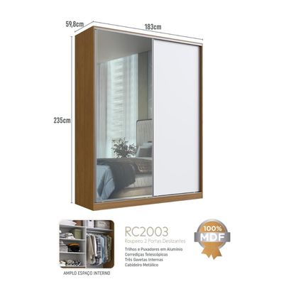 Guarda Roupa Solteiro Freijó Natural Branco 183x59,8x235cm Espelho 2 Portas 3 Gavetas RC 2003 Emovell