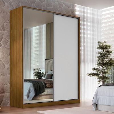 Guarda Roupa Solteiro Freijó Natural Branco 183x59,8x235cm Espelho 2 Portas 3 Gavetas RC 2003 Emovell