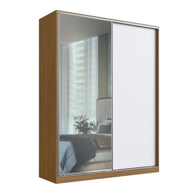 Guarda Roupa Solteiro Freijó Natural Branco 183x59,8x235cm Espelho 2 Portas 3 Gavetas RC 2003 Emovell