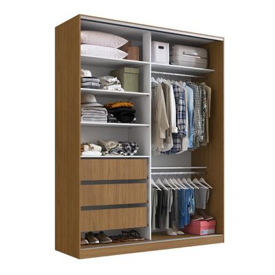 Guarda Roupa Solteiro Freijó Natural Branco 183x59,8x235cm Espelho 2 Portas 3 Gavetas RC 2003 Emovell