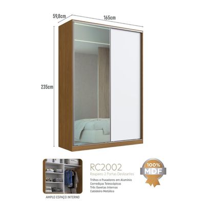 Guarda Roupa Solteiro 2 Portas de Correr Freijó Natural Branco Espelho 165x59,8x235cm RC2002 Emovell
