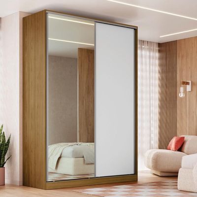 Guarda Roupa Solteiro 2 Portas de Correr Freijó Natural Branco Espelho 165x59,8x235cm RC2002 Emovell