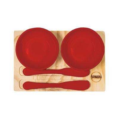 Conjunto Patezeira Wooden Glow 18x12cm em Madeira Pinus com 2 Molheiras e Espátulas Vermelhas