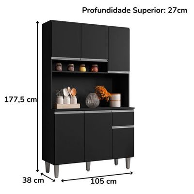 Kit Cozinha Compacta 6 Portas 105 Cm Marcia Preto Reajl Moveis Preto