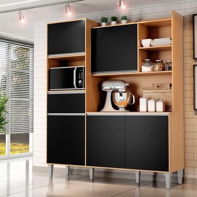 Kit Cozinha Compacta 5 Portas 160 Cm Isabel Amendoa Preto Reajl Moveis Amendoa Preto