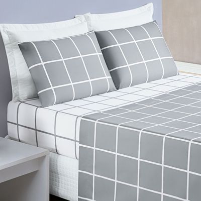 Jogo Cama Lençol Brooklyn King Quadriculado Micropercal 200 Fios 4 Peças - Cinza