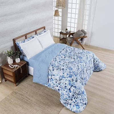 Edredom Cobertor Belle Queen 400 Fios Dupla Face Estampado Florido Azul