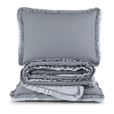 Kit Cobre Leito Colcha Vitta Casal Padrão Matelado c/ Babadinhos 200 Fios 3 Peças Cinza