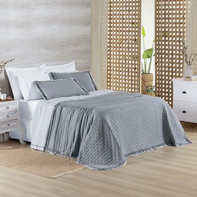 Kit Cobre Leito Colcha Vitta Casal Padrão Matelado c/ Babadinhos 200 Fios 3 Peças Cinza