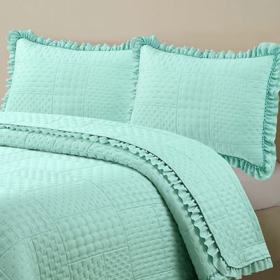 Kit Cobre Leito Colcha Maison King c/ Babado Percal 300 Fios 3 Peças - Verde Menta