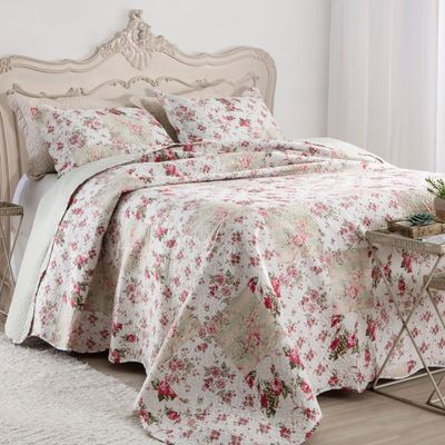 Kit Cobre Leito Colcha Mix King Estampado Dupla Face Floral 3 Peças - Isabela