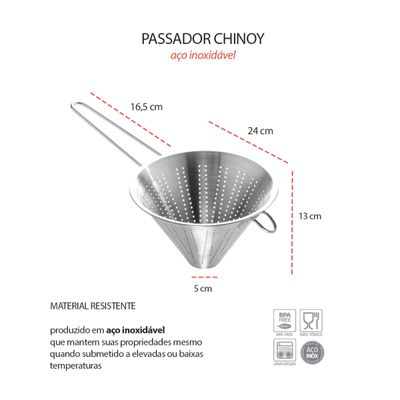 Funil Passador Chinoy Coador Peneira Aço Inox 24cm