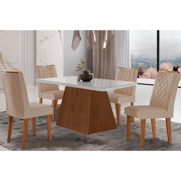 Sala De Jantar Completa Luna C- Tampo Madeirado C- Vidro Canto Curvo 120x80cm E 4 Cadeiras Jade Imbuia-off White - Suede Creme - Rufato