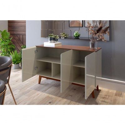 Buffet Aparador Ares 3 Portas Off White Com Freijó - Moveisaqui