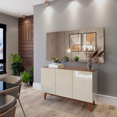 Buffet Aparador Ares 3 Portas Off White Com Freijó - Moveisaqui