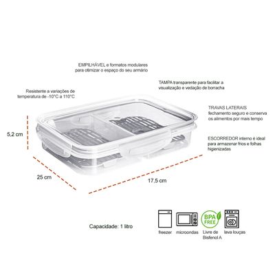 Pote Porta Frios Frutas Hermetico Trava Plastico BPA Free 1L