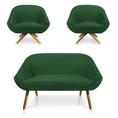 Kit 01 Namoradeira 02 Lugares E 02 Poltronas Giovana Suede sofisticado na cor Verde