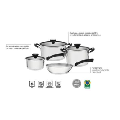 Jogo De Panelas Tramontina Solar Silicone Em Aço Inox 4 Peças