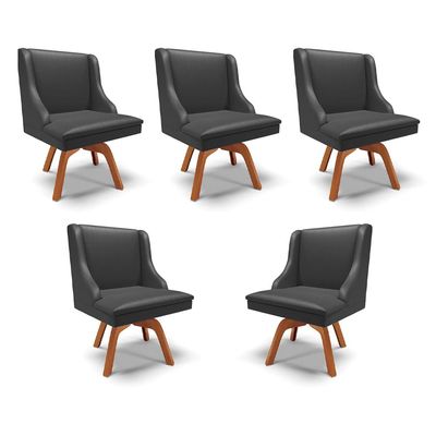 Kit 5 Cadeiras Decorativas Sala de Jantar Base Giratória de Madeira Firenze PU Preto Fosco/Natural G19 - Gran Belo