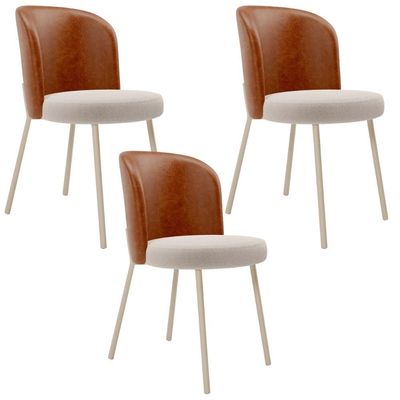 Kit 3 Cadeiras Sala de Jantar Estofada Gavi Arena L02 Couríssimo Camel Bouclê Creme - Lyam Decor