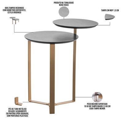 Mesa Lateral Para Sala de Estar 2 em 1 Pés Metálicos Dari A03 Nero Dourado - Lyam Decor