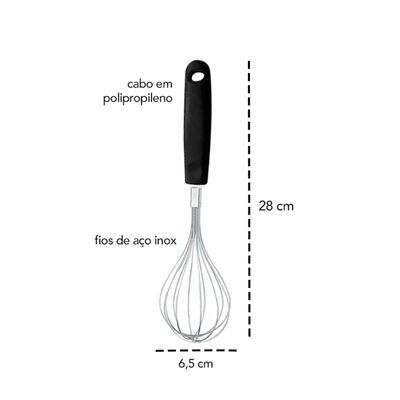 Batedor de Clara Manual Fouet Fios Inox Cabo Preto 28cm