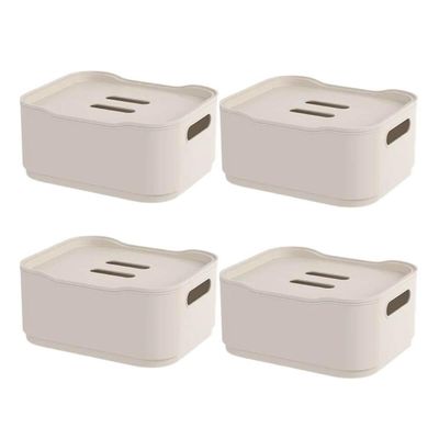 Conjunto 4 Cestos Pequenos Organizadores 1,75L Com Tampa Coza Fit Plástico Light Bege Empilhável