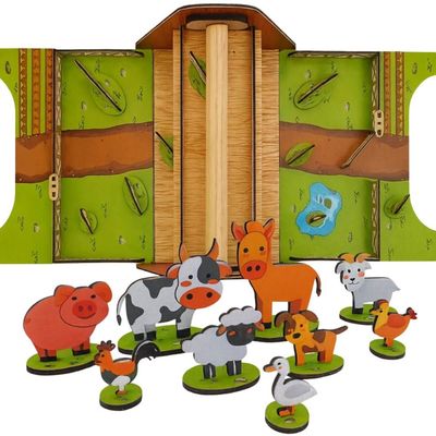 Mini Fazendinha Infantil Brinquedo Lúdico 3+ Celeiro Animais Dobrável MDF Cavalo Vaca Ovelha