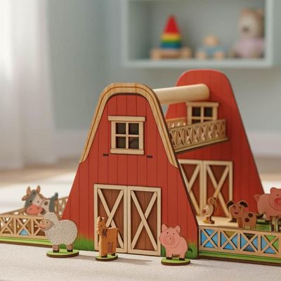 Mini Fazendinha Infantil Brinquedo Lúdico 3+ Celeiro Animais Dobrável MDF Cavalo Vaca Ovelha