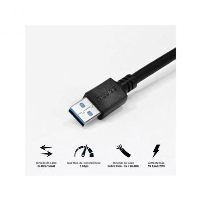 Cabo De Dados Usb A 3.0 Macho Para Usb A 3.0 Macho 28awg Puro Cobre 2 Metros - Puam3-2