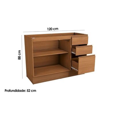 Gabinete De Cozinha Modulado Balcão Ciela R626 Com 2 Portas E 3 Gavetas Sem Tampo 120cm Canela - Kappesberg