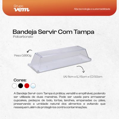 Bandeja Servir Retangular Com Tampa 15x50 Vermelha em Policarbonato