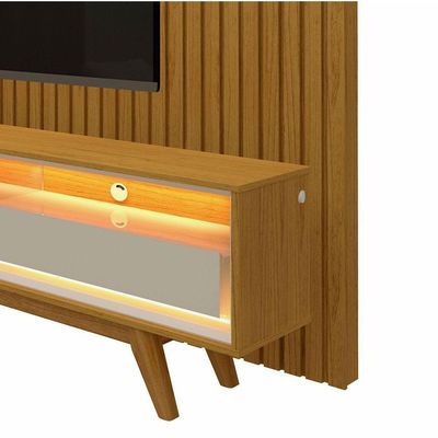 Rack Retrô Com Painel Ripado Com Led Nobre Com Off White - Gelius Móveis