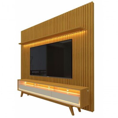Rack Retrô Com Painel Ripado Com Led Nobre Com Off White - Gelius Móveis