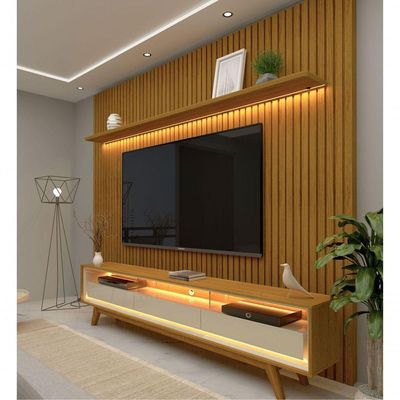 Rack Retrô Com Painel Ripado Com Led Nobre Com Off White - Gelius Móveis