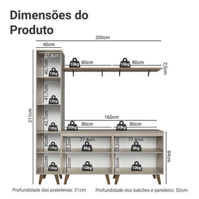 Rack Para Até 70 Polegadas + Prateleira 200cm Nice Madesa 02 Crema