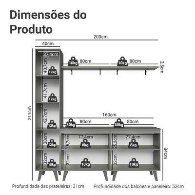 Rack Para Até 70 Polegadas + Prateleira 200cm Nice Madesa 02 Cinza